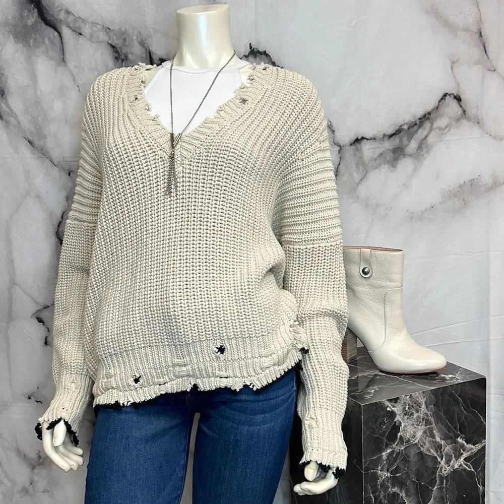 * IRO Jeans cream, large knit sweater with distressed trim